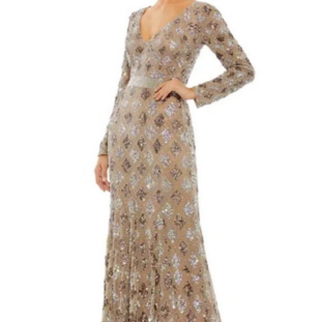 Mac Duggal Mocha Long Sleeve Lattice Sequin Beaded Trumpet Gown